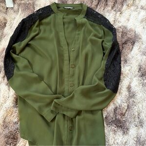 Express Olive Green Blouse with Black Lace Sleeves
